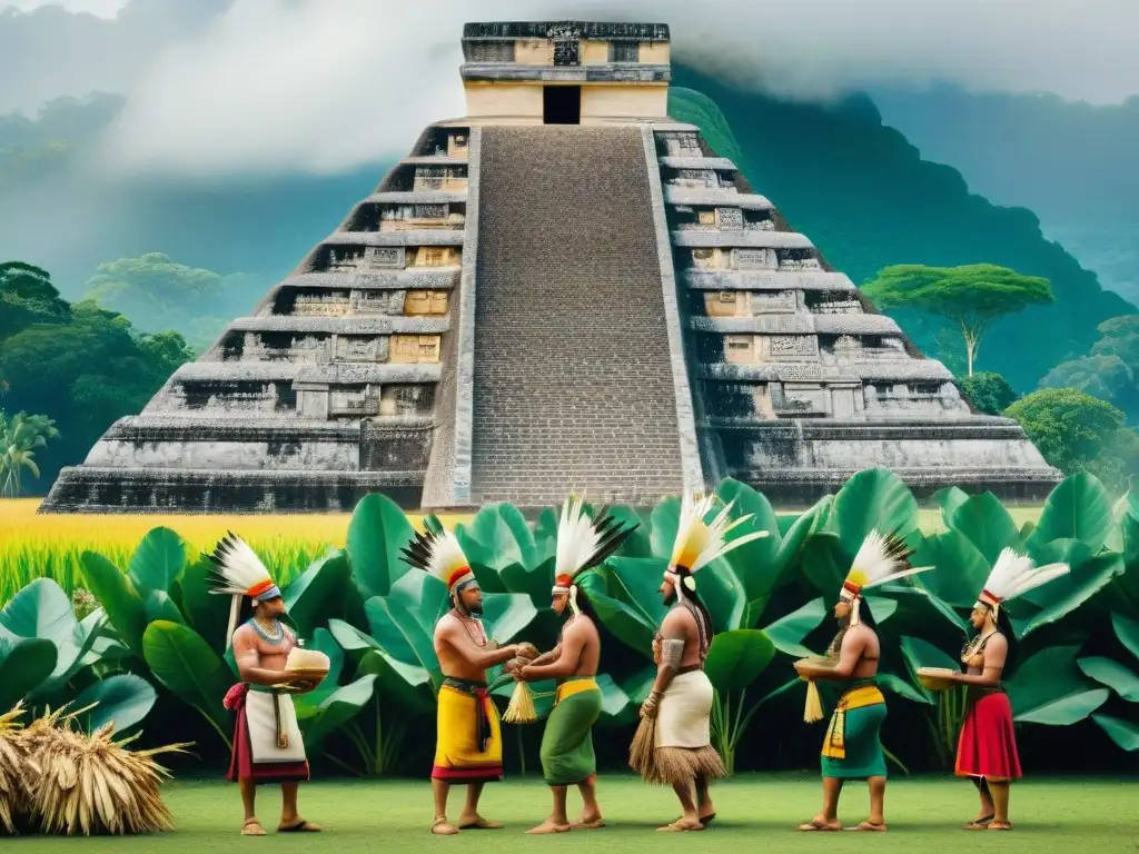 Mural detallado de rituales agrícolas de la civilización maya, con colores vibrantes y patrones evocadores