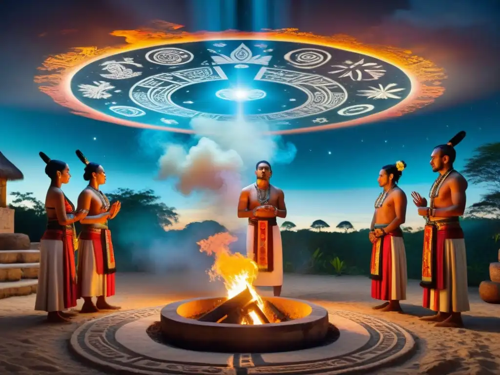 Mural detallado de rituales astrales antiguos mayas bajo un cielo estrellado