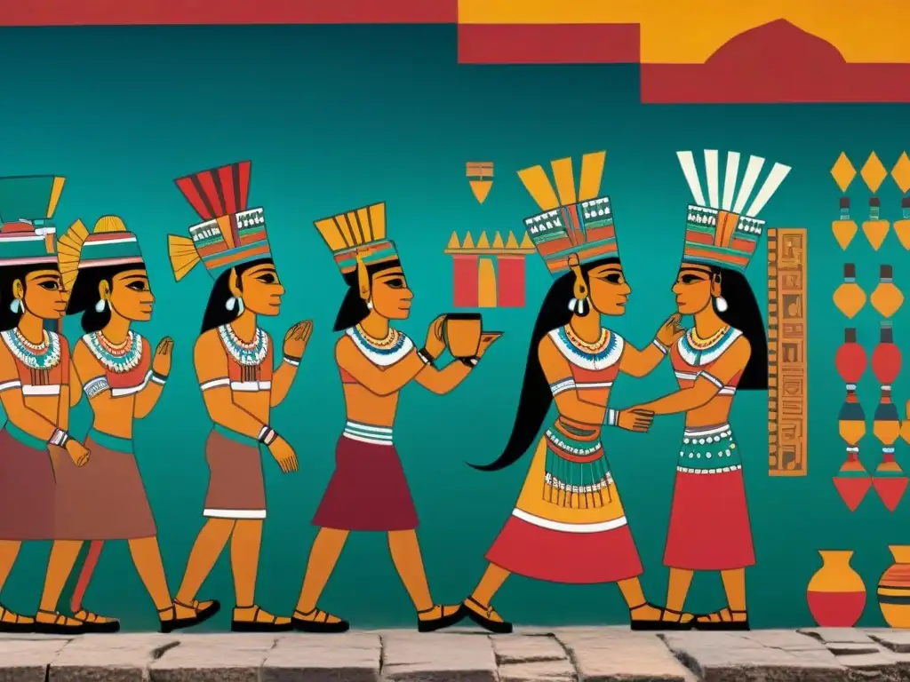 Mural detallado en Teotihuacán: intercambio de cacao entre mayas y locales