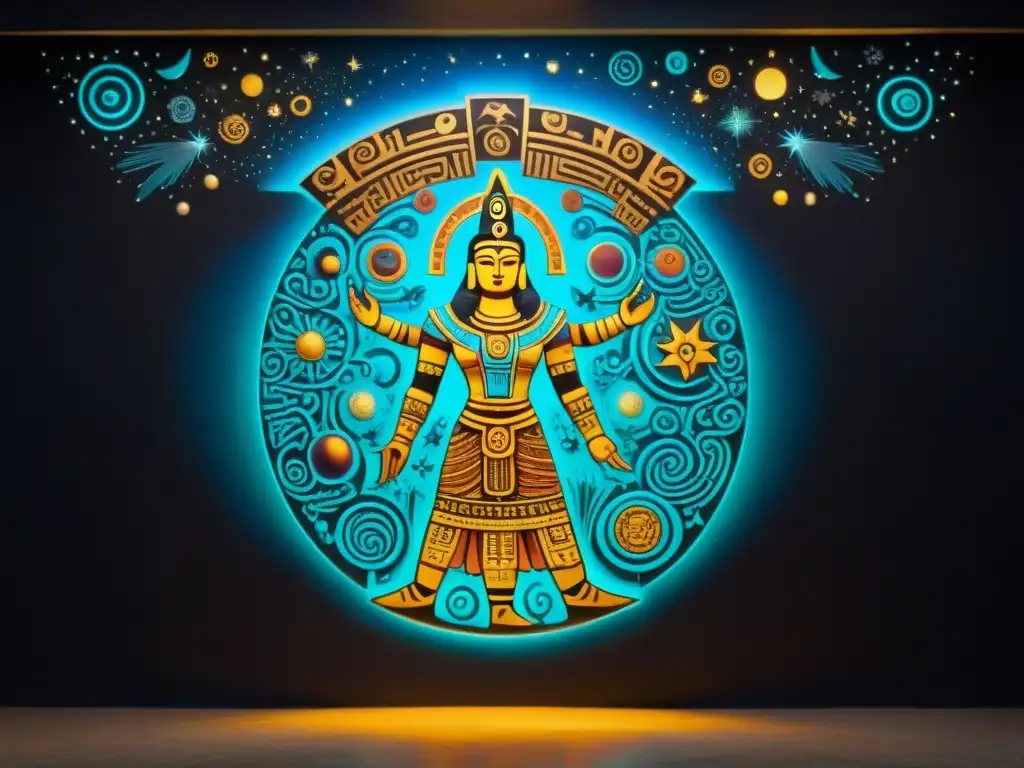 Un mural intrincado de las Constelaciones Mayas con dioses y héroes, brillando en la noche del firmamento