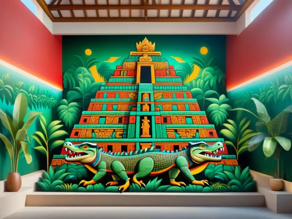 Un mural intrincado que muestra un imponente templo maya rodeado de exuberante follaje, con jeroglíficos detallando la leyenda del cocodrilo