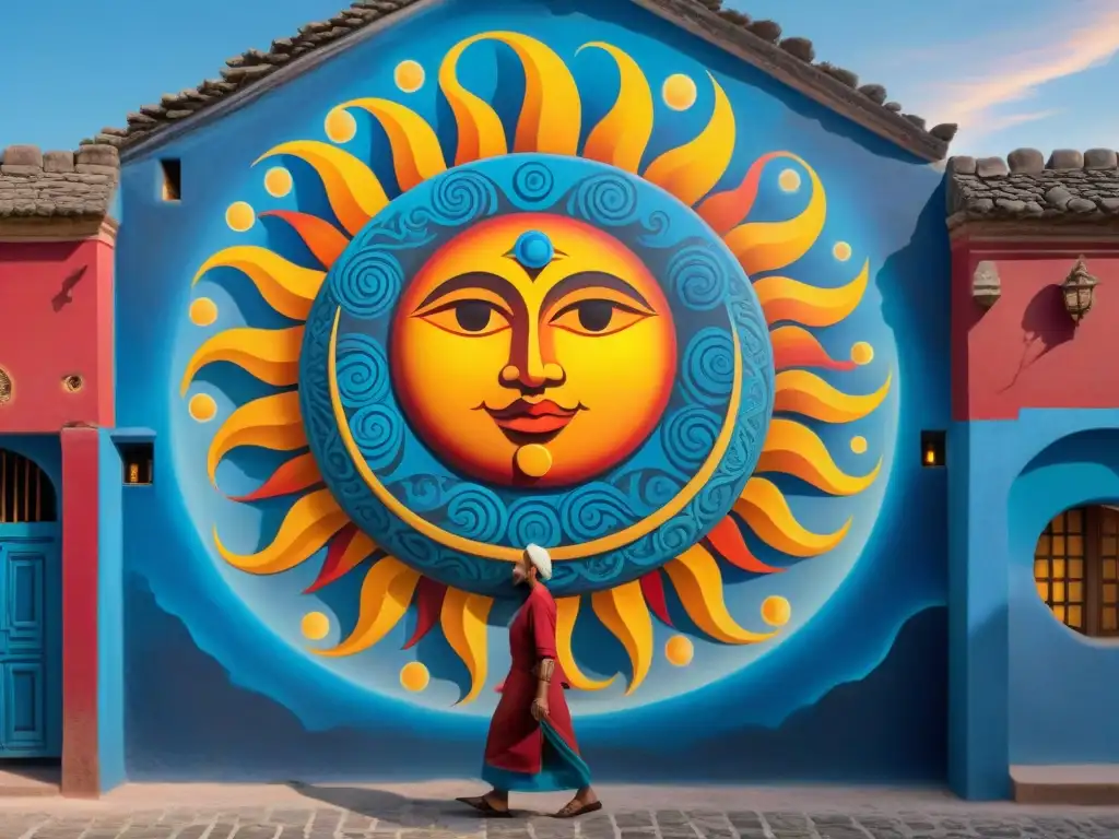 Un mural intrincado en una pared de estuco desgastado muestra la dualidad de la cosmología maya: el sol y la luna en un baile celestial sobre un bullicioso mercado