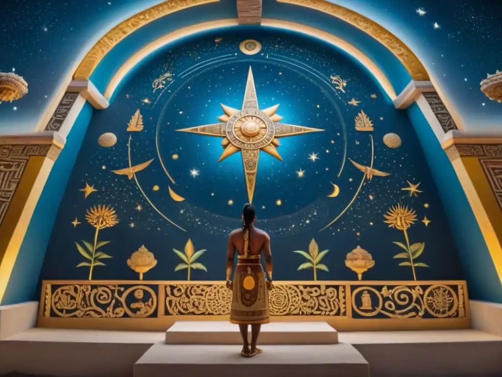 Mural maya celestial con el Dios del Maíz y constelaciones detalladas