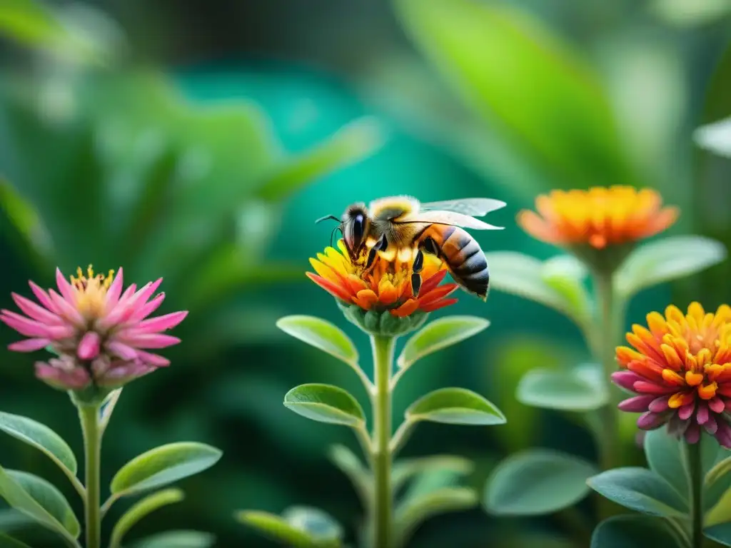 Un mural maya detallado muestra abejas sagradas polinizando flores coloridas en un exuberante paisaje tropical