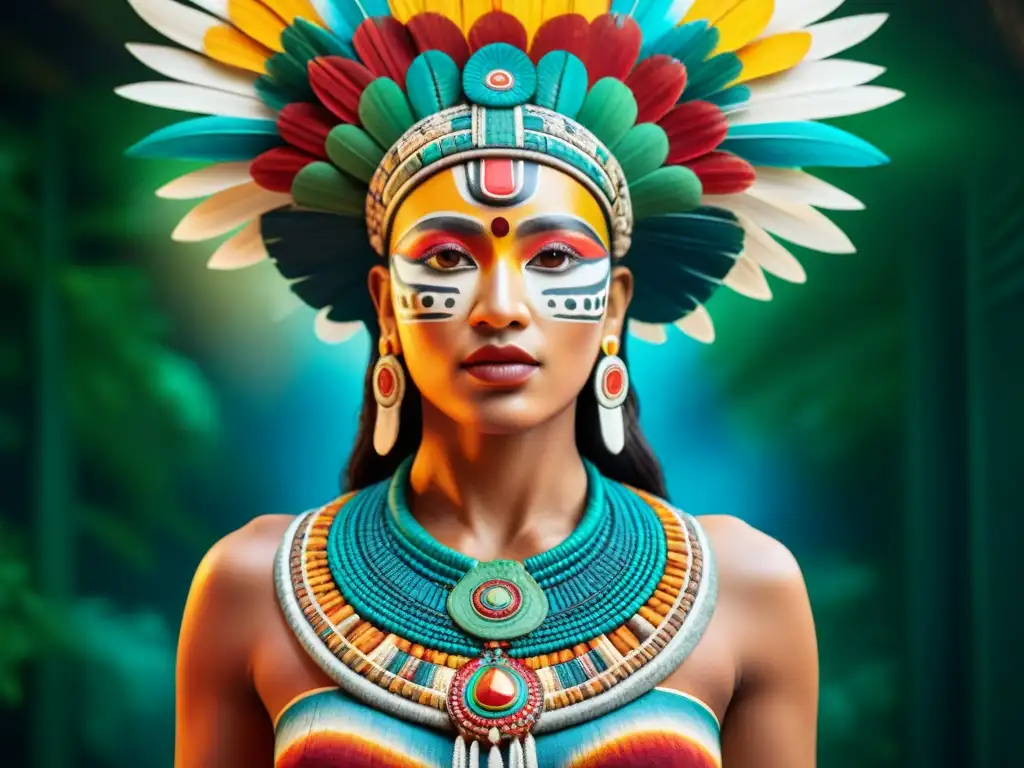 Un mural maya detallado con colores vibrantes: azules profundos, verdes intensos, rojos ardientes y amarillos dorados