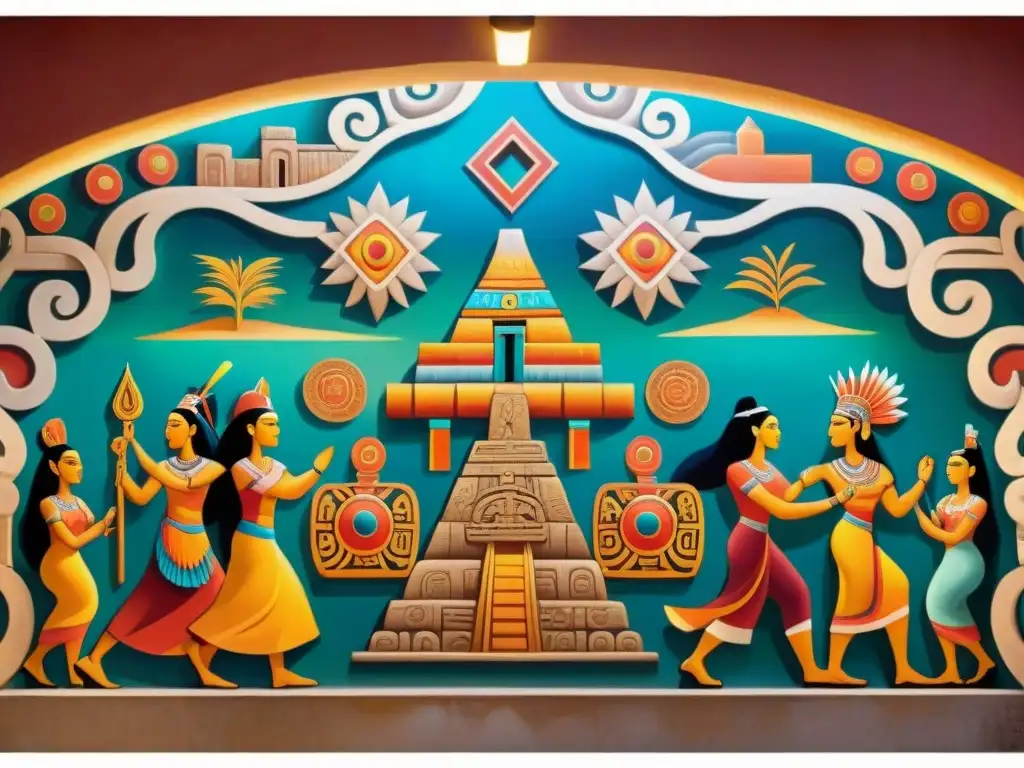 Un mural maya detallado con patrones geométricos, colores vibrantes y símbolos de significado espiritual y ritual