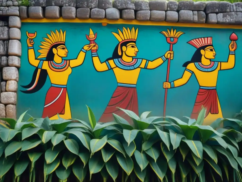 Mural maya detallado con simbolismo del maíz y deidades como el Dios del Maíz y Chac, en vivos colores