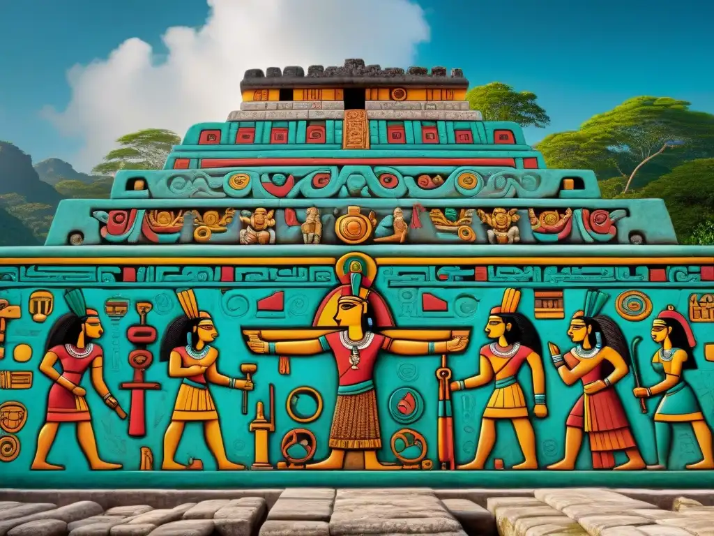 Un mural maya detallado y vibrante con símbolos e intrincados códigos, mostrando escenas de la vida diaria y ceremonias religiosas