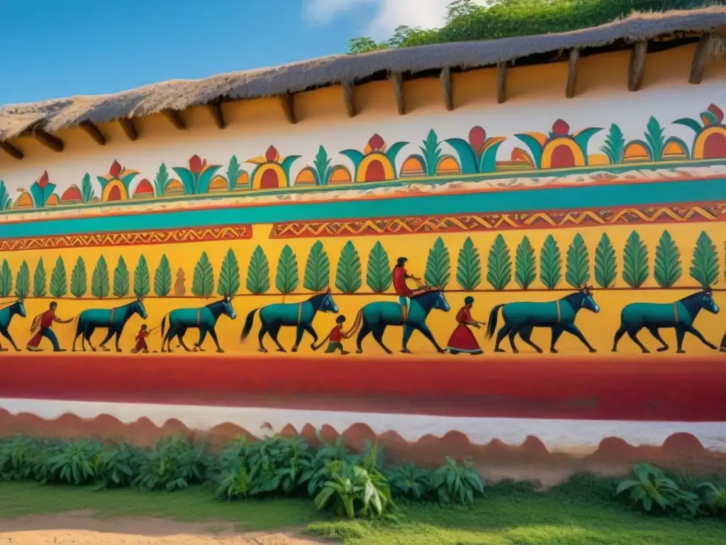 Un mural maya detallado y vibrante en una pared de estuco en un pueblo, con escenas de la vida diaria y lenguas mayas