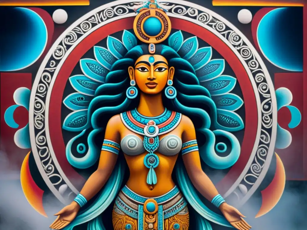 Mural maya de Ix Chel, diosa de la luna y fertilidad, con símbolos de la menstruación y la fertilidad, reflejando mitos mayas