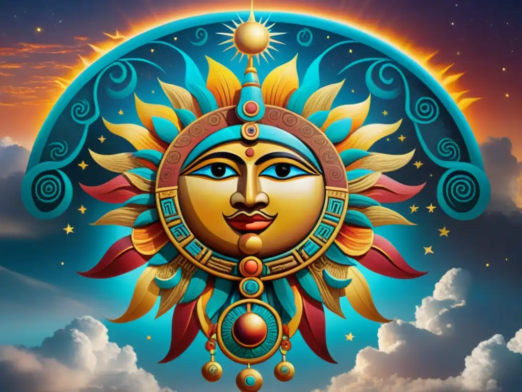 Un mural maya de los mitos amorosos cosmovisión maya: sol y luna danzan eternamente en vibrantes colores y símbolos detallados