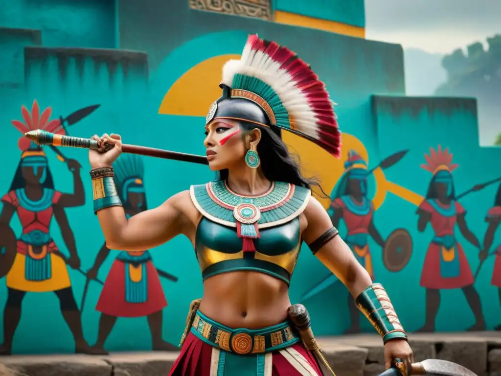 Mural maya muestra mujeres guerreras en conflictos mayas defendiendo su tierra con determinación