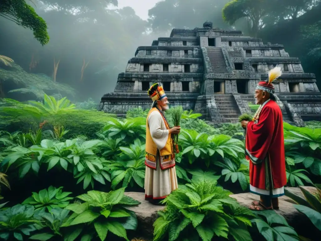 Mural maya: ancianos en rituales de longevidad rodeados de naturaleza y templos antiguos