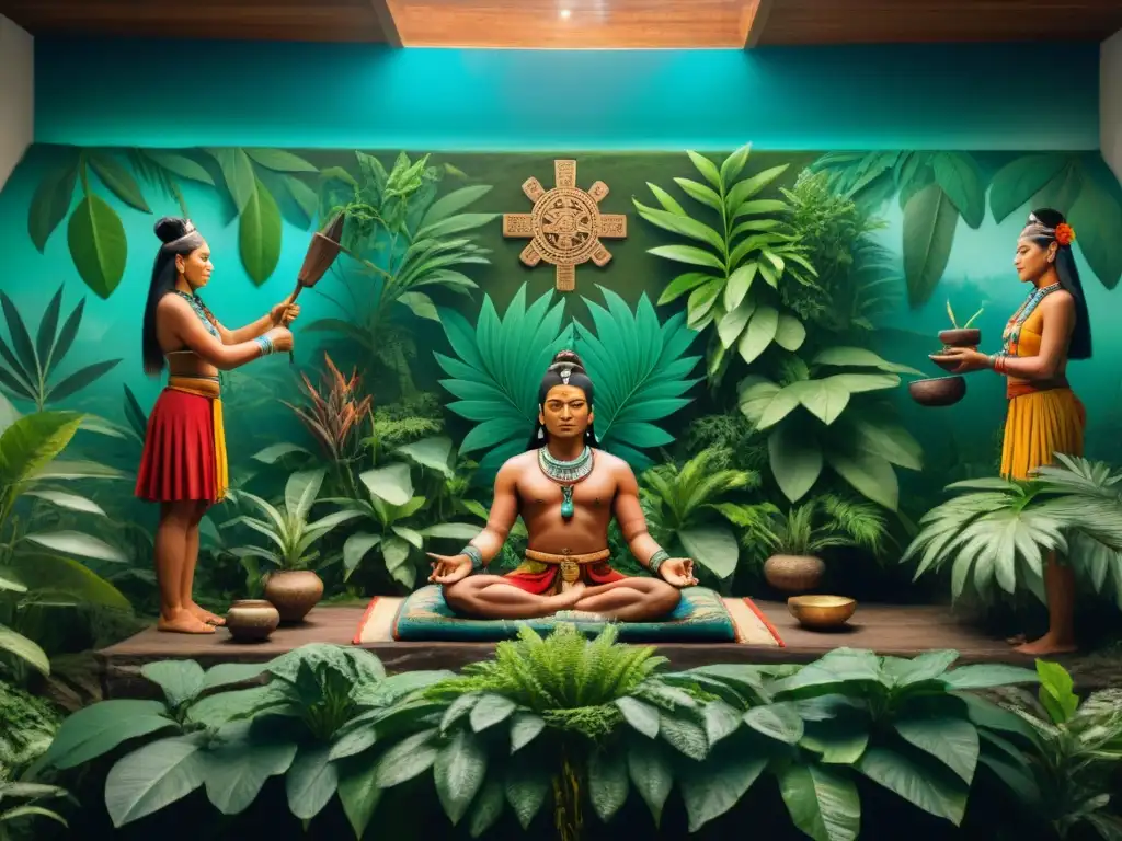 Mural maya de sanadores realizando rituales con hierbas en la selva