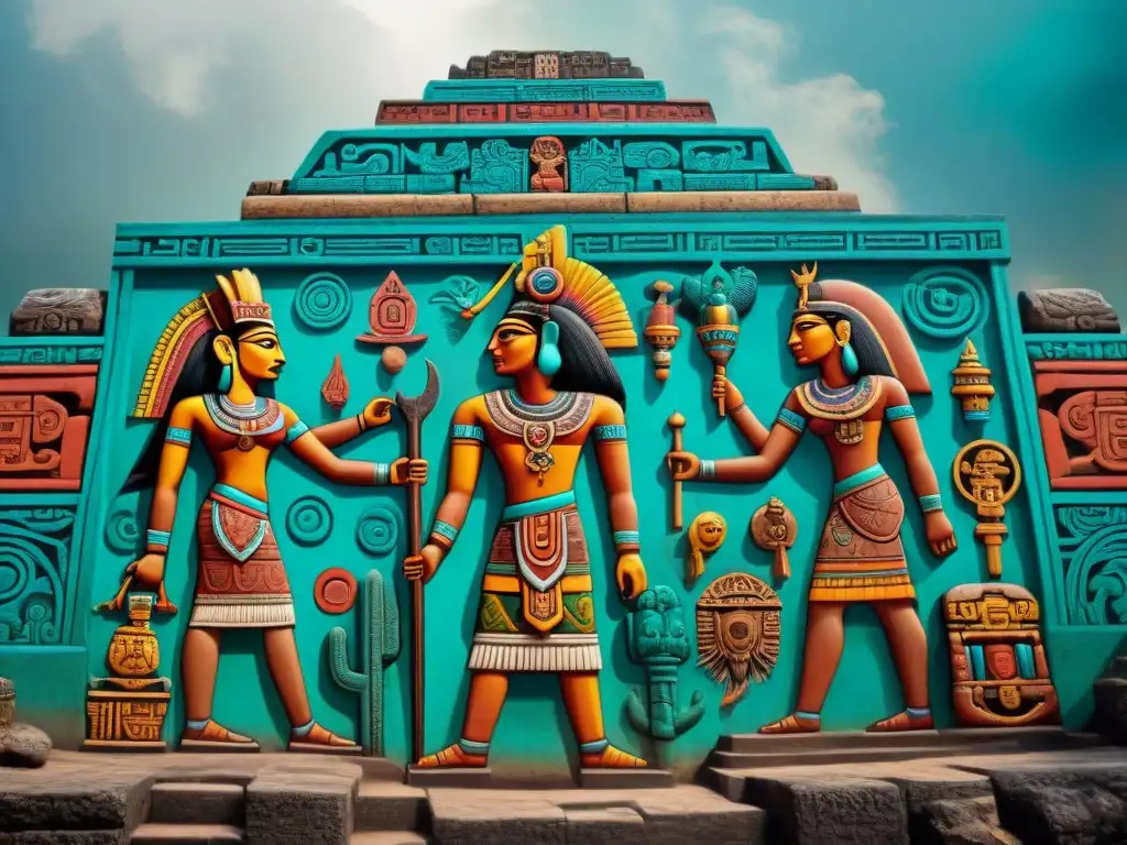 Mural maya vibrante que muestra conceptos mayas vida después muerte con deidades coloridas y almas en el inframundo