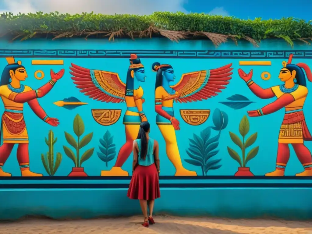 Mural maya vibrante con hieroglifos en rojo, azul, verde y amarillo