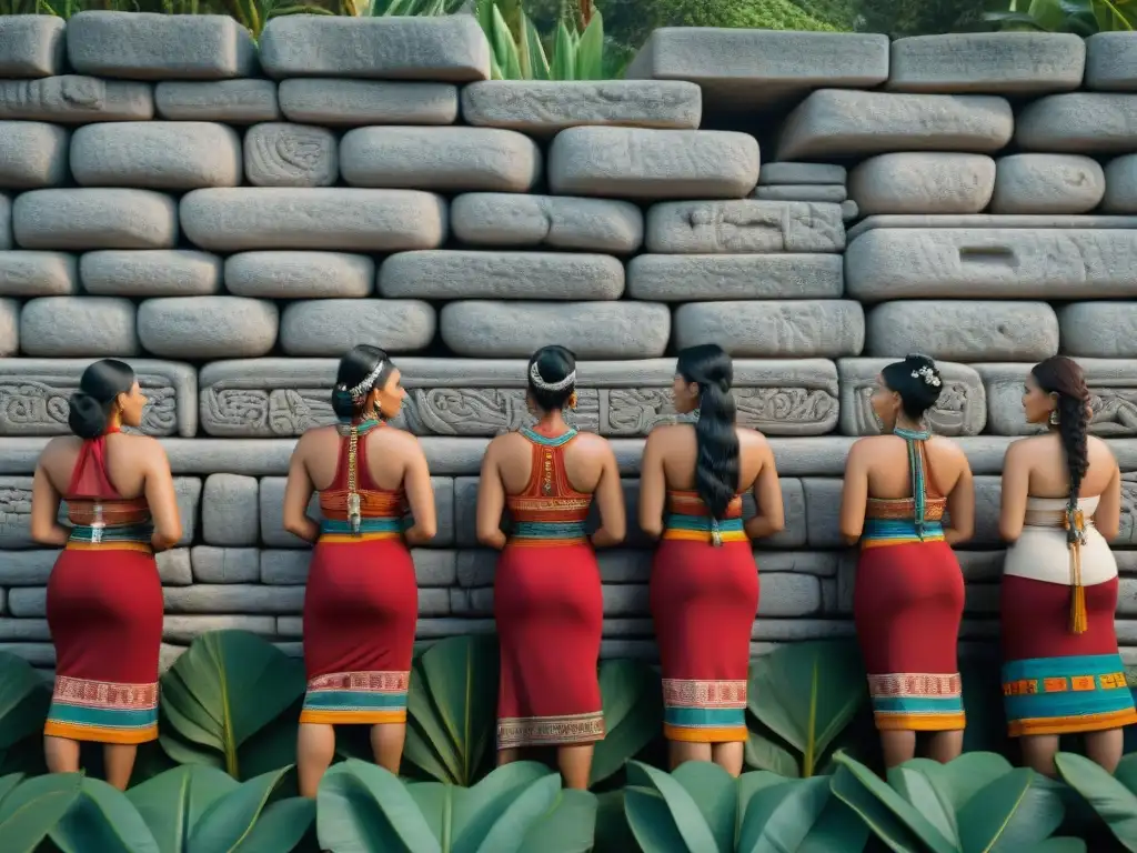 Mural en piedra envejecida con mujeres mayas empoderadas en actividades cotidianas