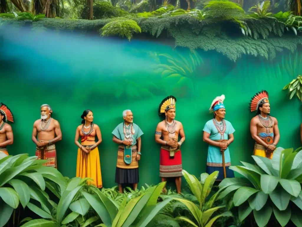 Mural de sabiduría maya en conservación ambiental bajo árboles tropicales