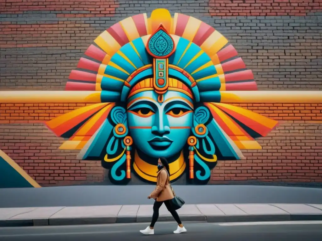 Mural urbano moderno inspirado en glifos mayas, uniendo arte antiguo y contemporáneo