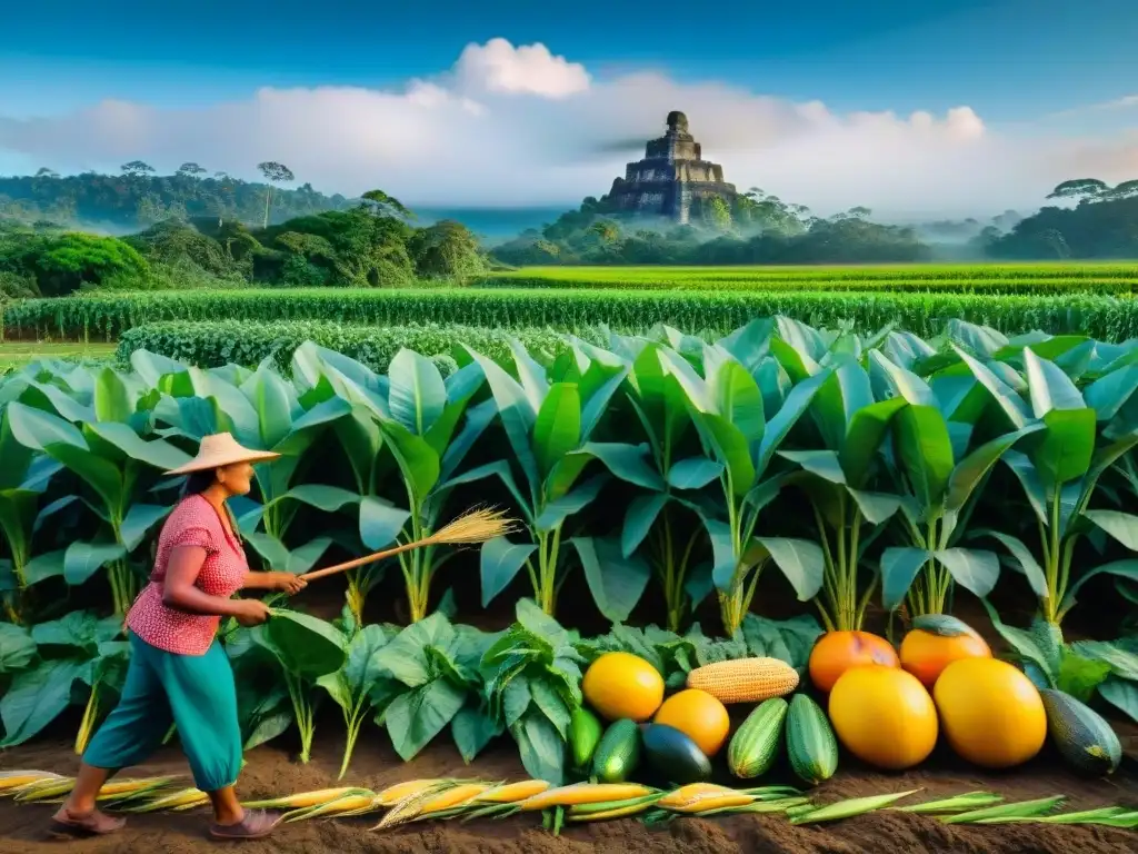 Un mural vibrante de la agricultura maya, con colores y escenas tradicionales