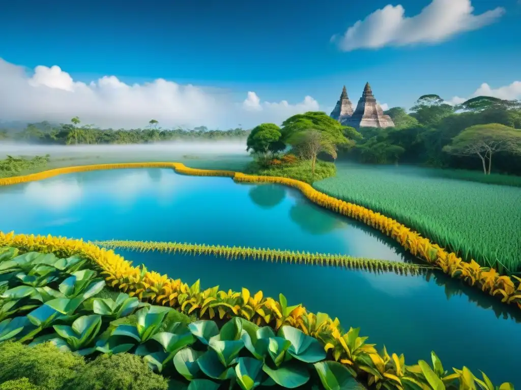 Un mural vibrante de la agricultura acuática maya, con chinampas y vestimenta tradicional colorida