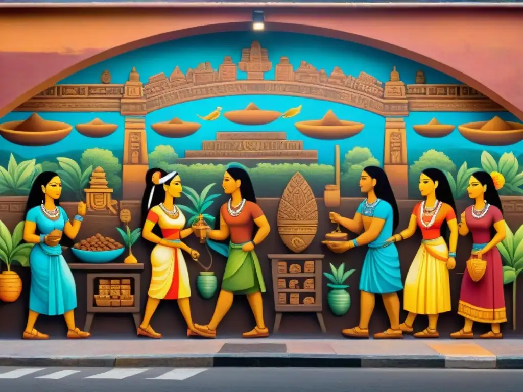 Mural vibrante: Comercio de cacao entre mayas en mercado bullicioso