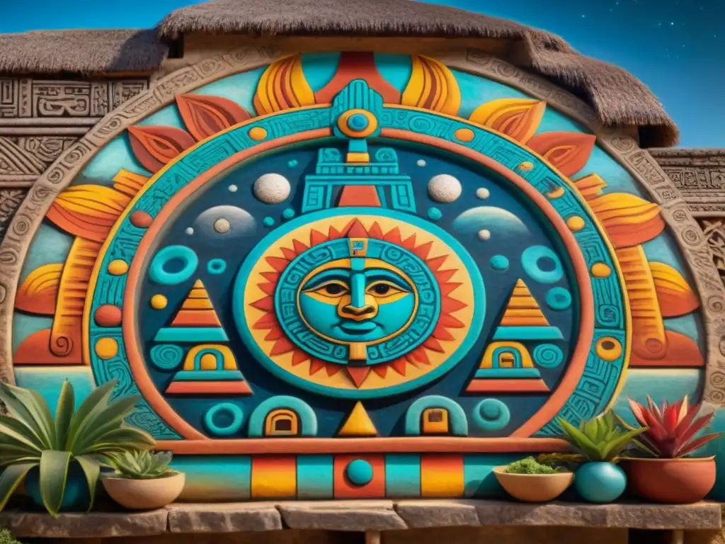 Un mural vibrante que representa la cosmología maya en una aldea tradicional, con símbolos celestiales y detalles intrincados