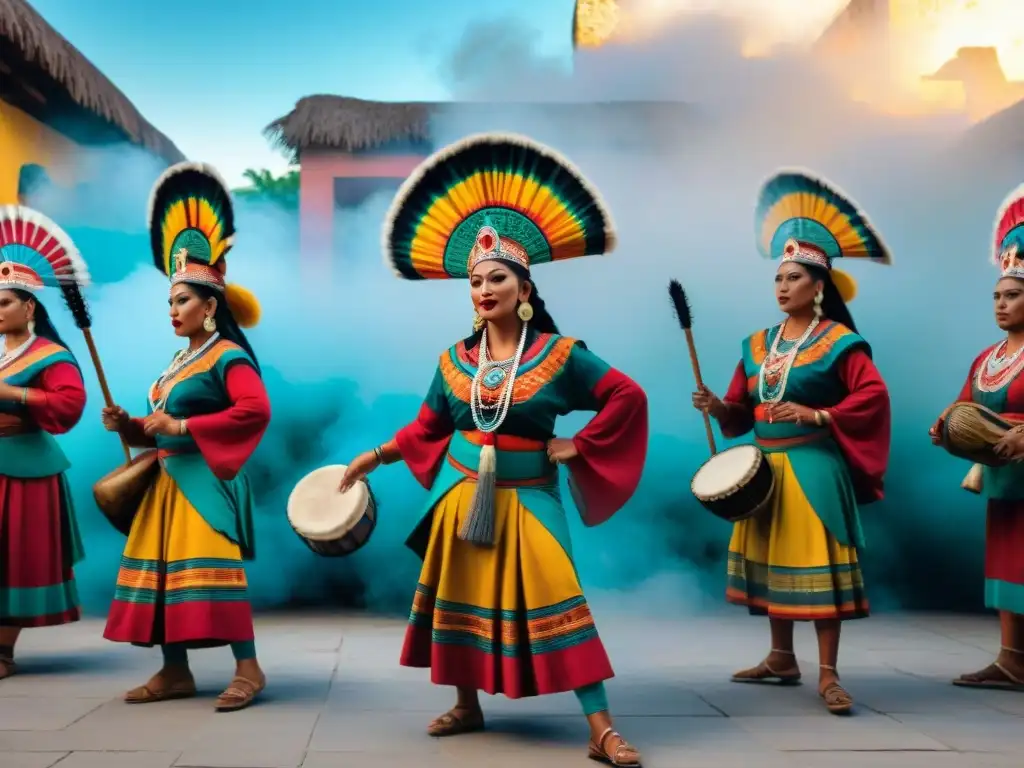 Mural vibrante de danza maya tradicional en plaza