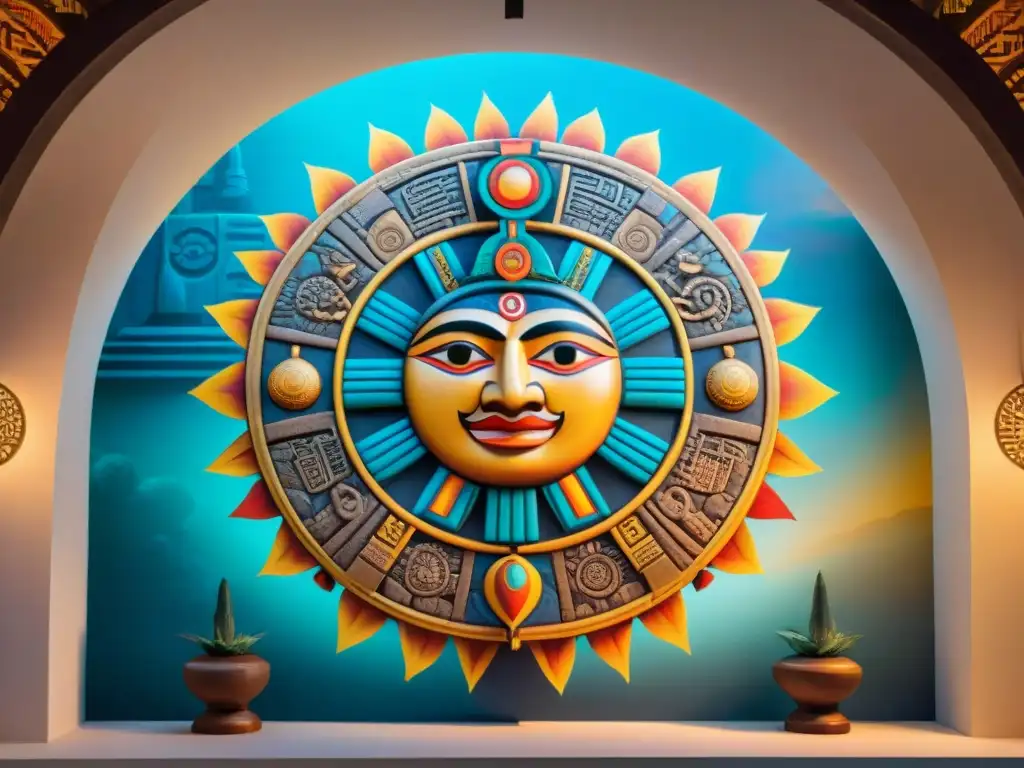 Un mural vibrante y detallado del calendario maya, con el Sol y la Luna rodeados de glifos y símbolos que representan los ciclos de luz y oscuridad