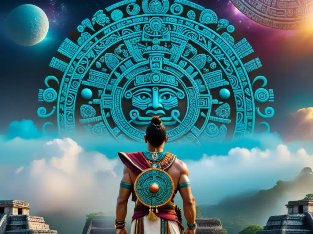 Un mural vibrante y detallado del Universo Maya trece cielos concepto, mostrando la conexión divina de cada reino celestial