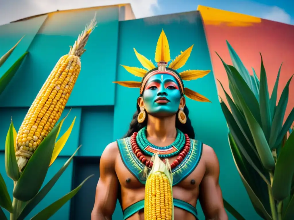 Un mural vibrante de dioses mayas del maíz, Chaac y Ixchel, bendiciendo la cosecha en la ciudad