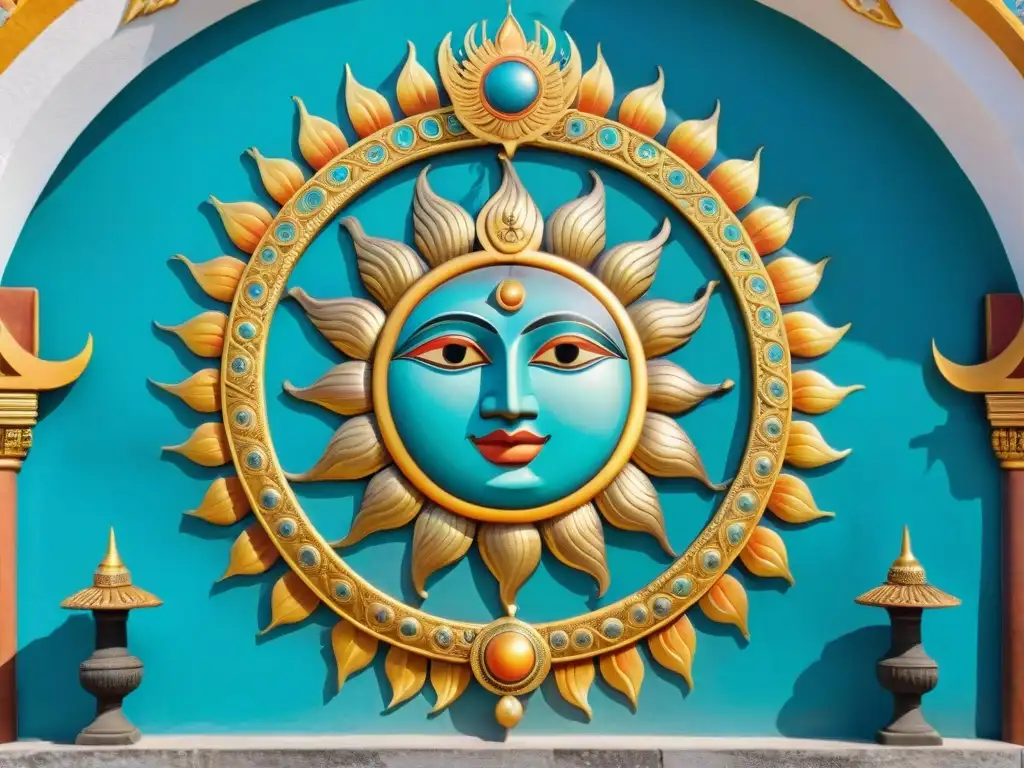 Un mural vibrante de los dioses mayas del sol y la luna bailando en armonía, con detalles dorados y turquesa bajo el sol centroamericano