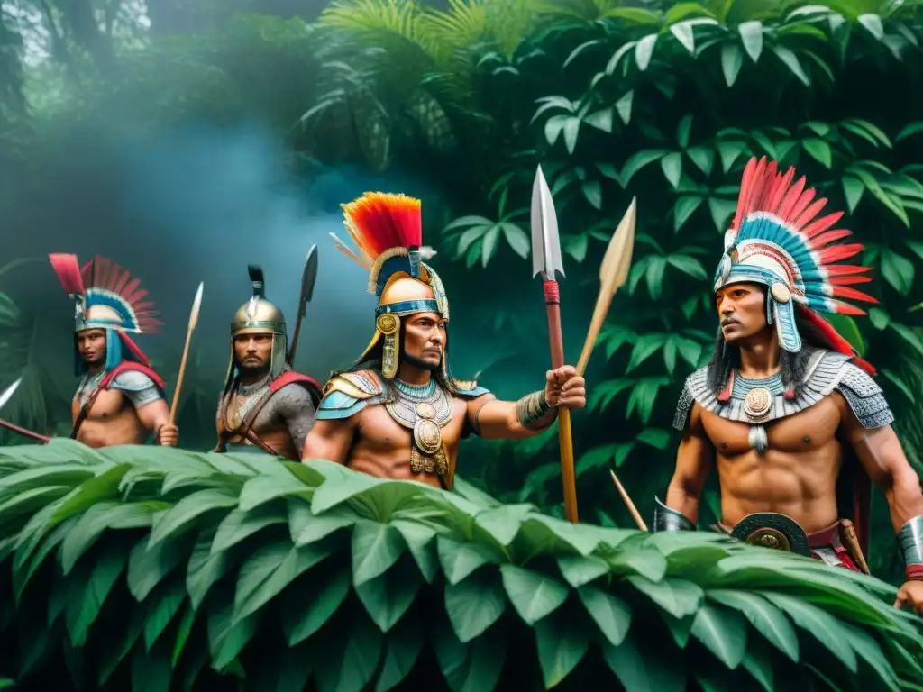 Mural vibrante de guerreros mayas en batalla con tocados de plumas y lanzas de obsidiana, rodeados de vegetación exuberante y símbolos hieroglíficos