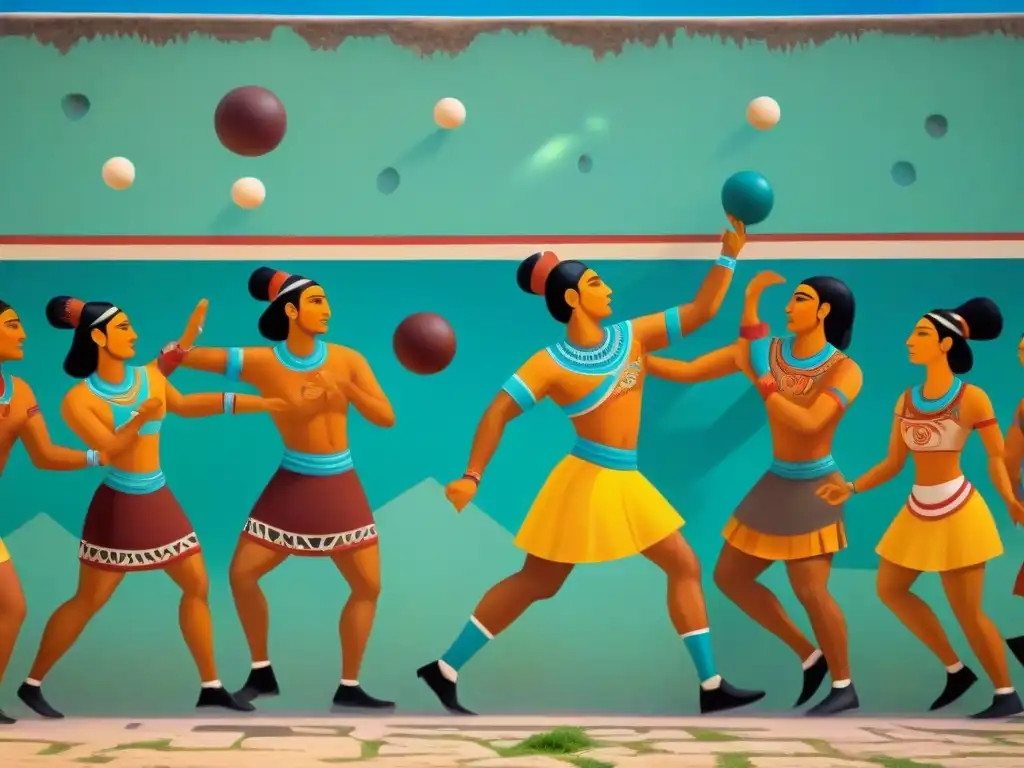 Mural vibrante de un juego ritual de pelota en civilización Maya