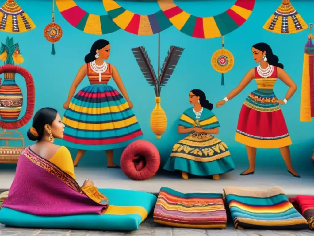 Mural vibrante muestra mujeres mayas tejiendo textiles en mercado bullicioso, resaltando rol económico textiles sociedad maya