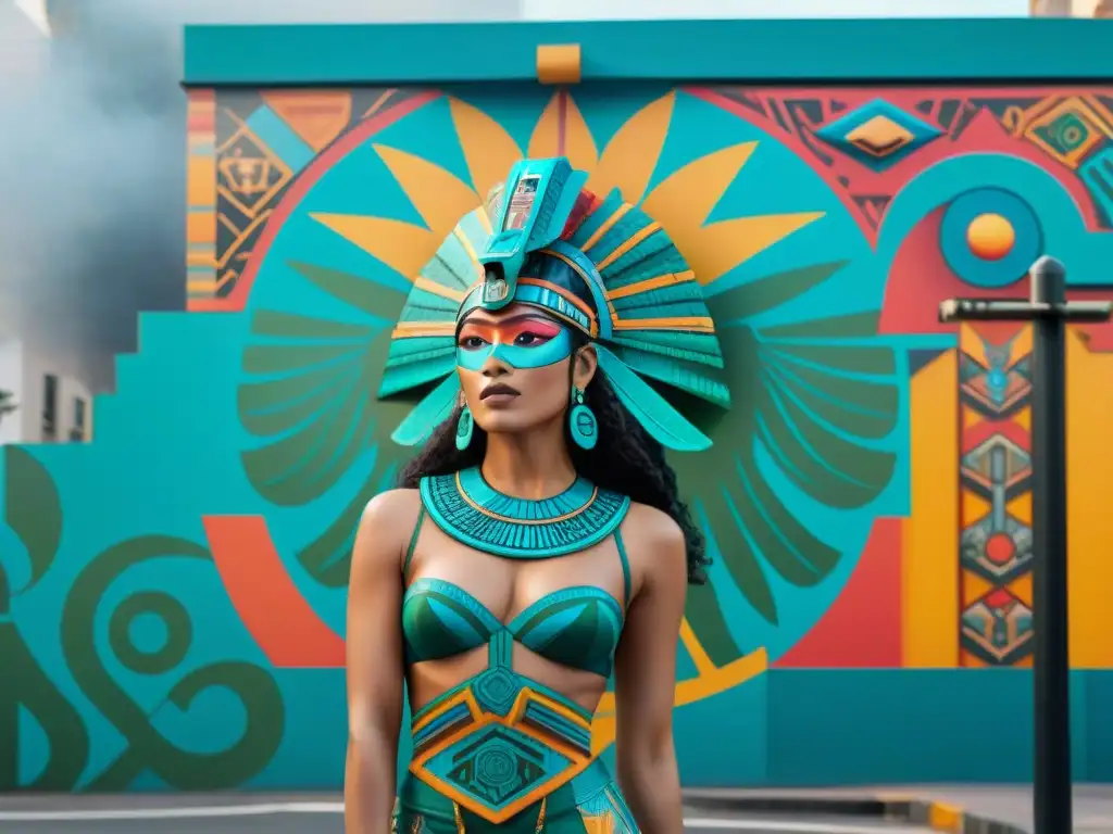 Un mural vibrante que fusiona Neopaganismo y cultura pop maya en el centro de la ciudad