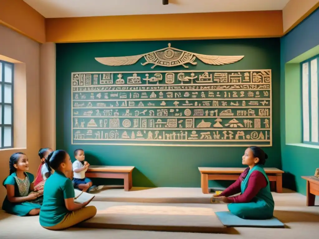 Un mural vibrante muestra niños estudiando escritura maya en aula moderna con ventana a jungla exuberante