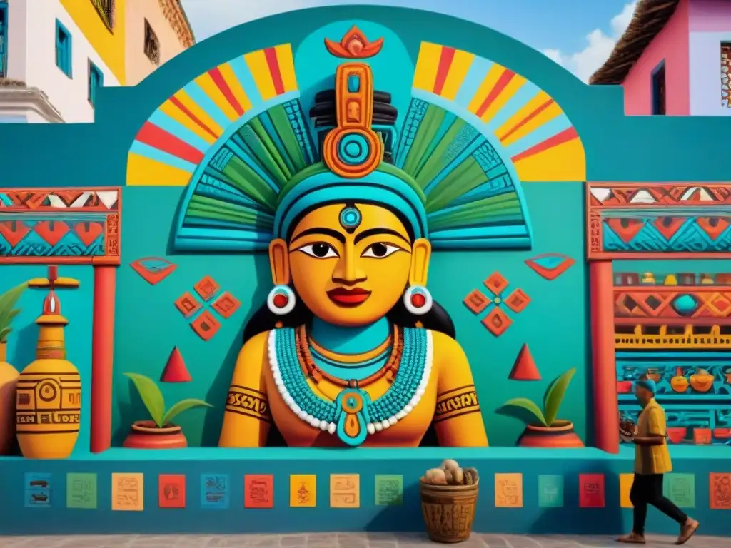 Un mural vibrante en una plaza, con símbolos mayas y artesanos locales