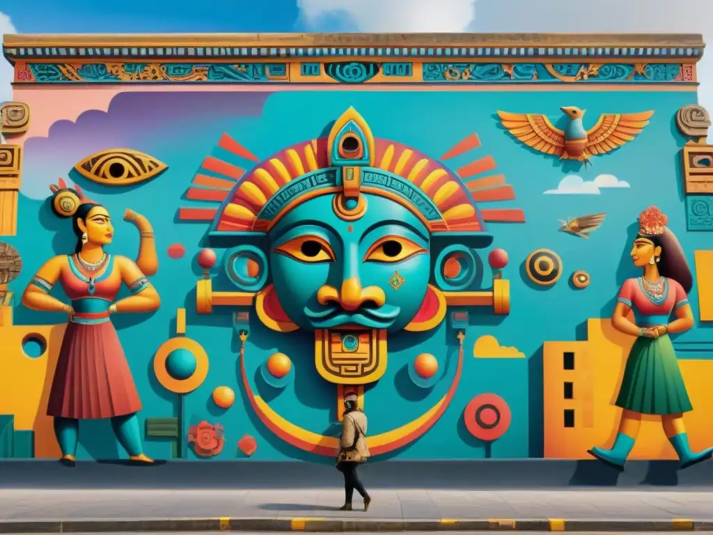 Un mural vibrante en una plaza urbana, fusionando códigos mayas con arte contemporáneo