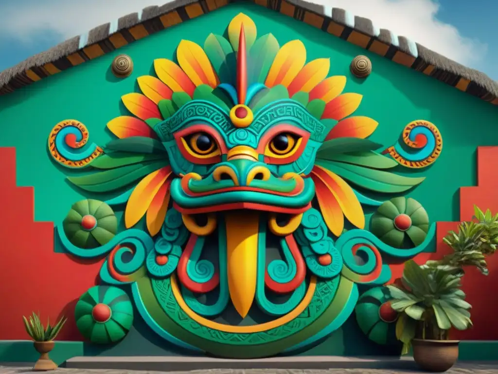 Mural vibrante de Quetzalcóatl en la cultura maya, integrado en un templo con espectadores asombrados