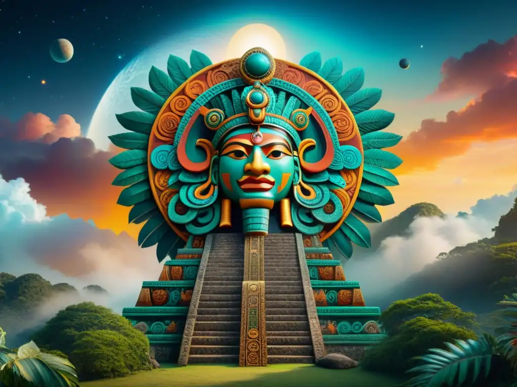 Un mural vibrante del Popol Vuh con Quetzalcoatl creando el mundo