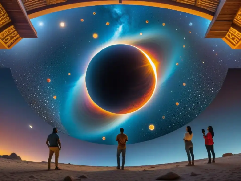 Mural maya: eclipses y cometas en vibrante detalle Un mural vibrante que muestra significados de eclipses y cometas en la cultura maya, con diseños geométricos y colores vivos