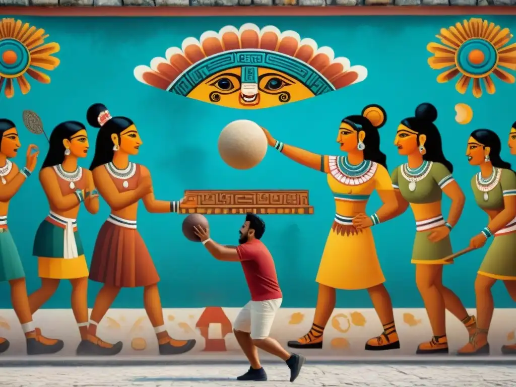 Mural vibrante en sitio arqueológico maya, escena dinámica del Juego de Pelota Maya