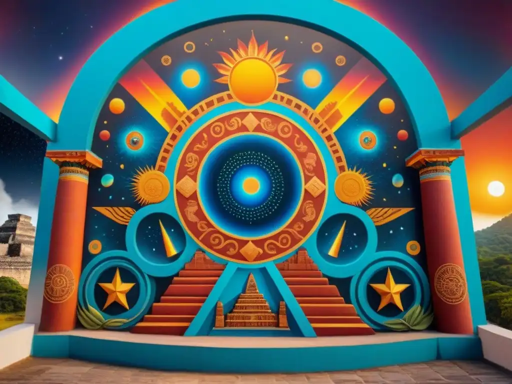 Mural maya: eclipse solar y cometas en templo vibrante Mural vibrante en templo Maya con significados de eclipses y cometas, evocando sabiduría ancestral