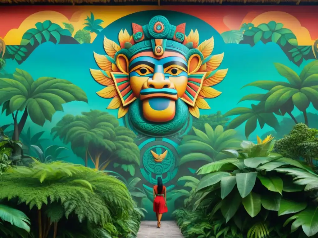 Murales de arte moderno inspirados en los mitos mayas, con vibrantes colores y detalles de Kukulkán entre la exuberante selva