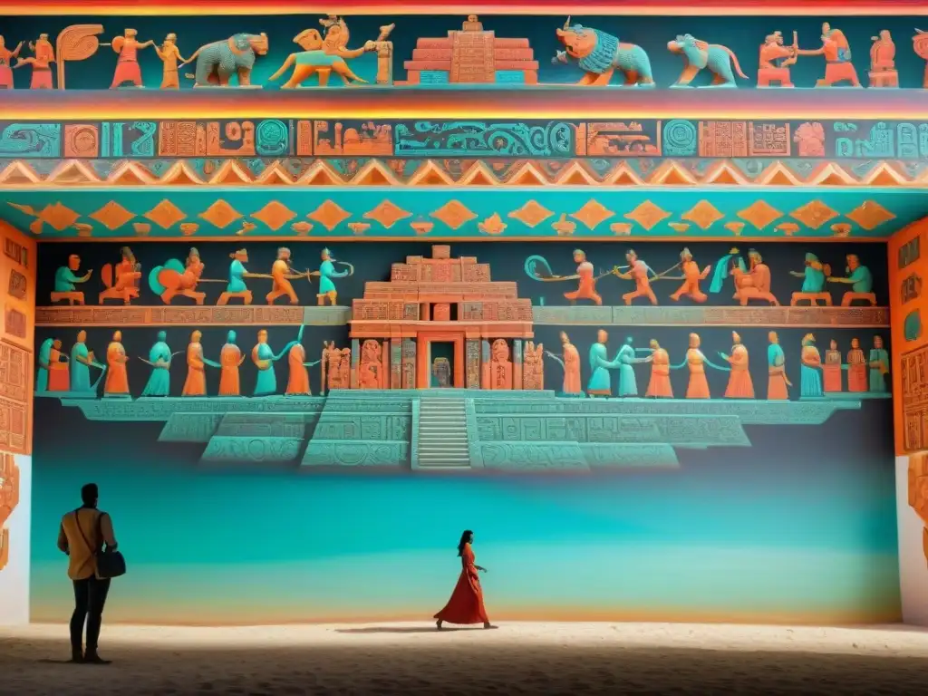 Murales mayas: detalle en 8k con colores vibrantes Descubre la Fotografía Infrarroja en los Murales Mayas: colores vibrantes y detalles intrincados de la antigua civilización