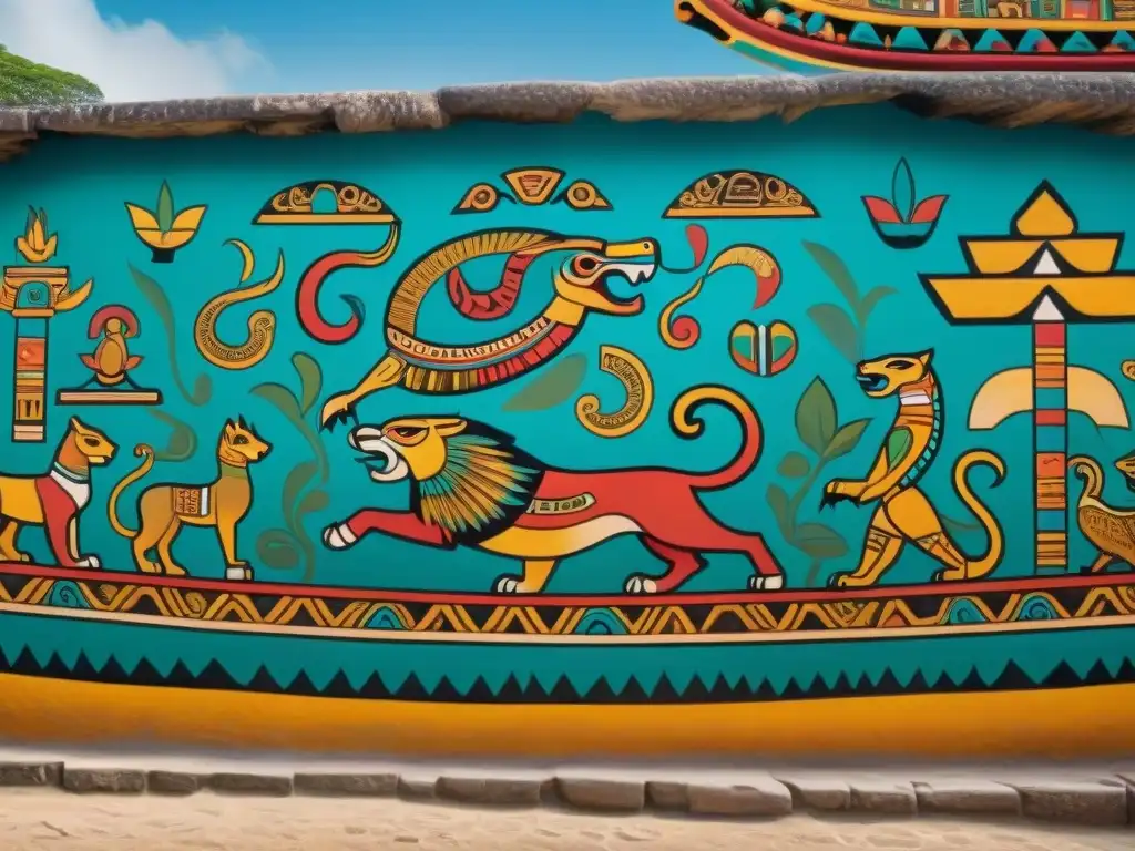 Murales mayas detallados con animales sagrados y símbolos celestiales