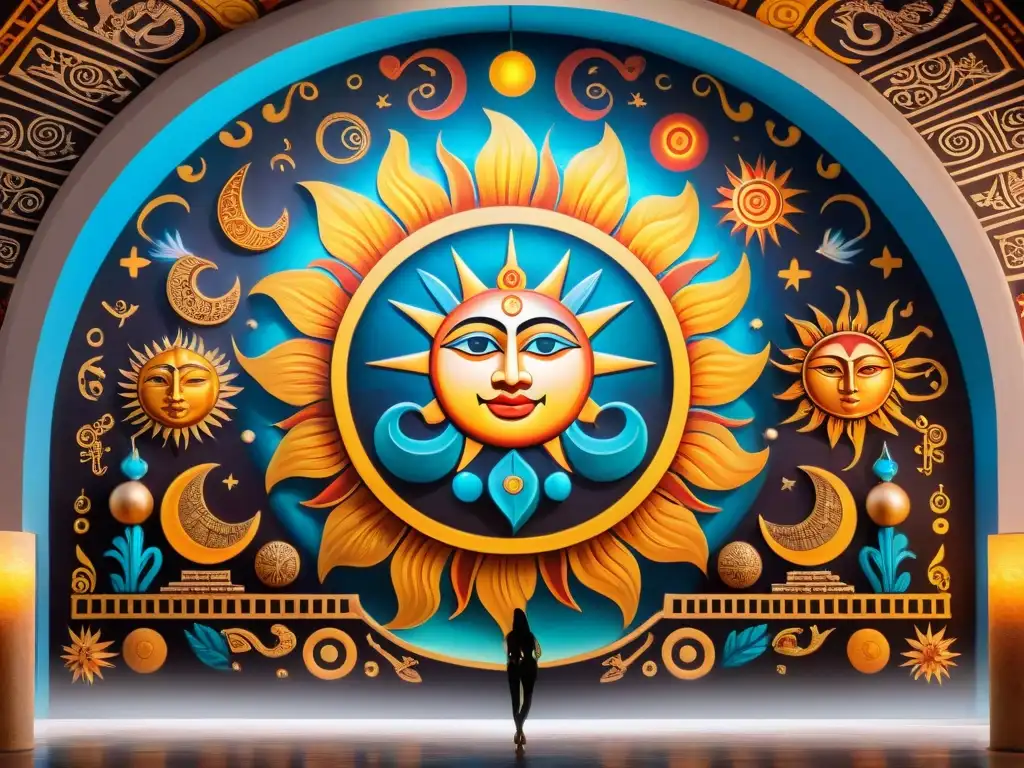 Murales mayas: historia de amor entre el Sol y la Luna en colores vibrantes y símbolos celestiales, reflejando mitos amorosos cosmovisión maya