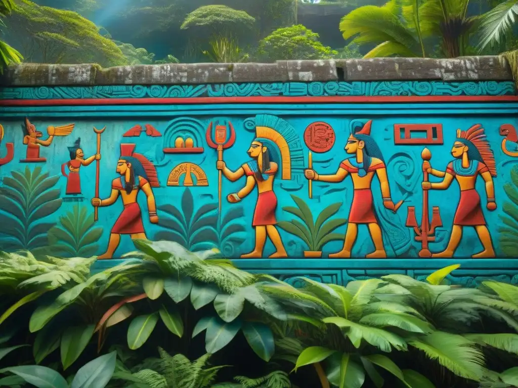 Murales mayas en la selva: deidades y glifos en piedra, vibrantes colores y presencia maya en series televisión