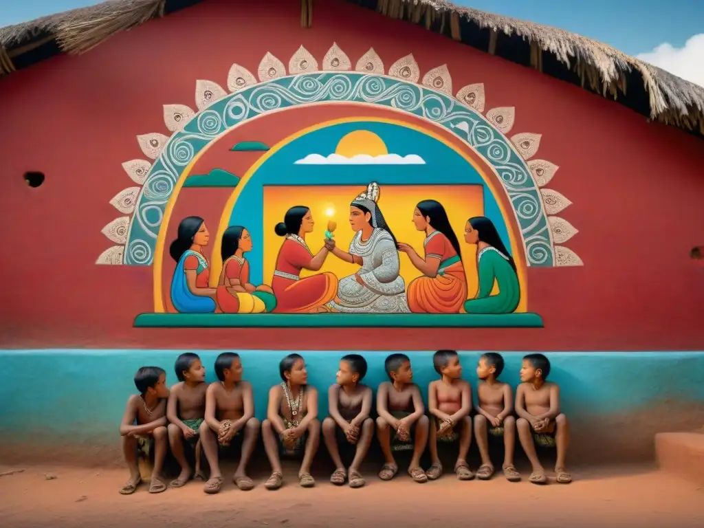 Murales narrativos mayas: ancianos cuentan historias a niños bajo estrellado cielo, influencia literatura actual